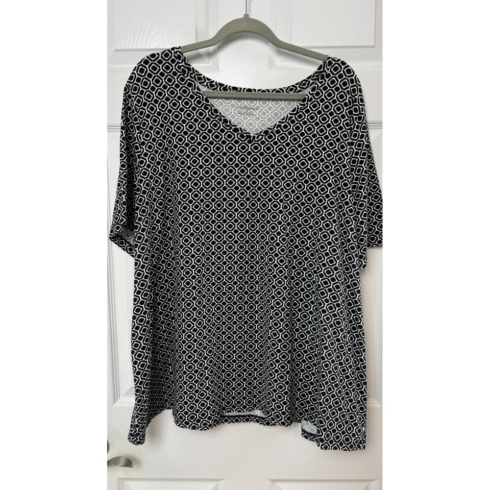 Catherines Women 1X 18/20W Black White Geometric V-Neck Short Sleeve Top